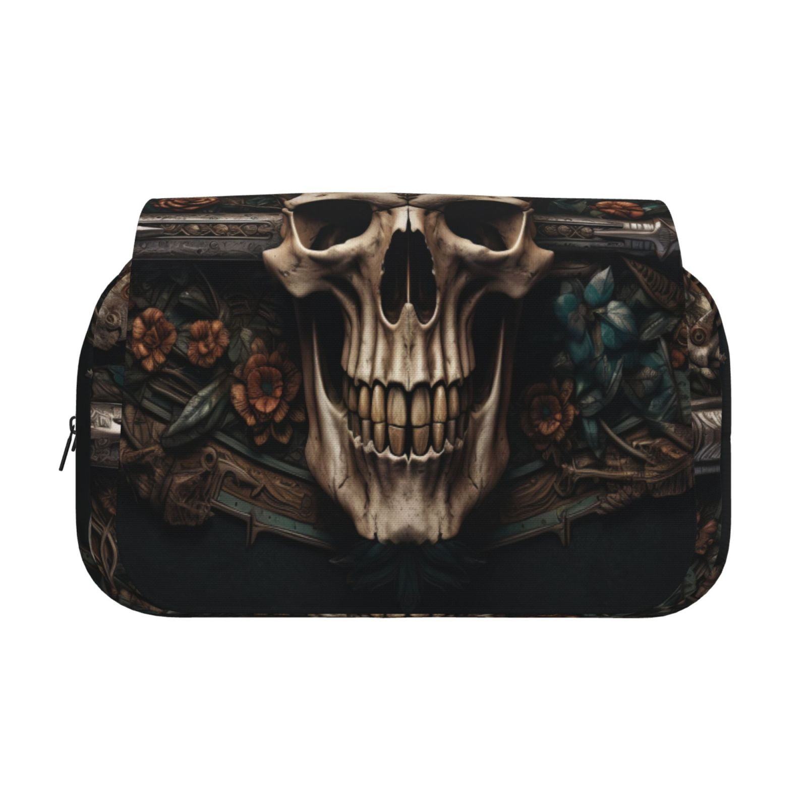 Rateoe Metal Style Horned Skull Pattern Double Clamshell Pen Case, Storage Organizer with Two Zipper Compartments– Holds Up to 50 Pencils & Pens