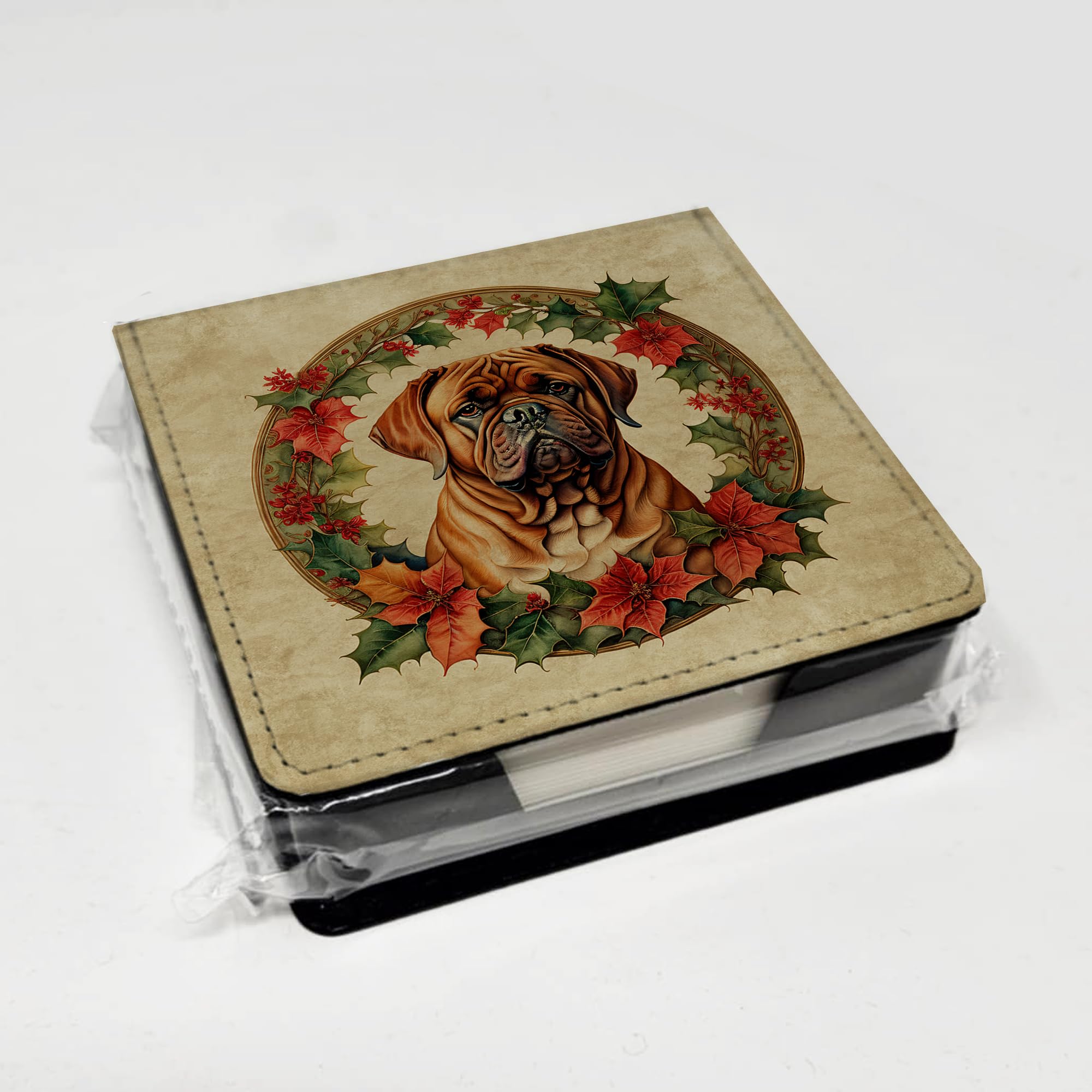 Caroline's Treasures Dogue de Bordeaux Christmas Flowers PU Leather Note Paper Holder with Artist-Designed Cover, Desk Accessory, Office Gift