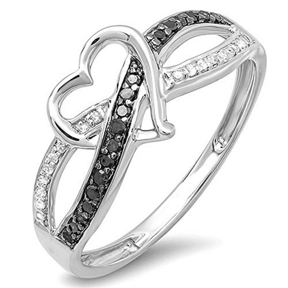 Dazzlingrock Collection 0.20 Carat (ctw) Round Black & White Diamond Promise Heart Love Engagement Ring for Women in 10K White Gold, Size 6.5