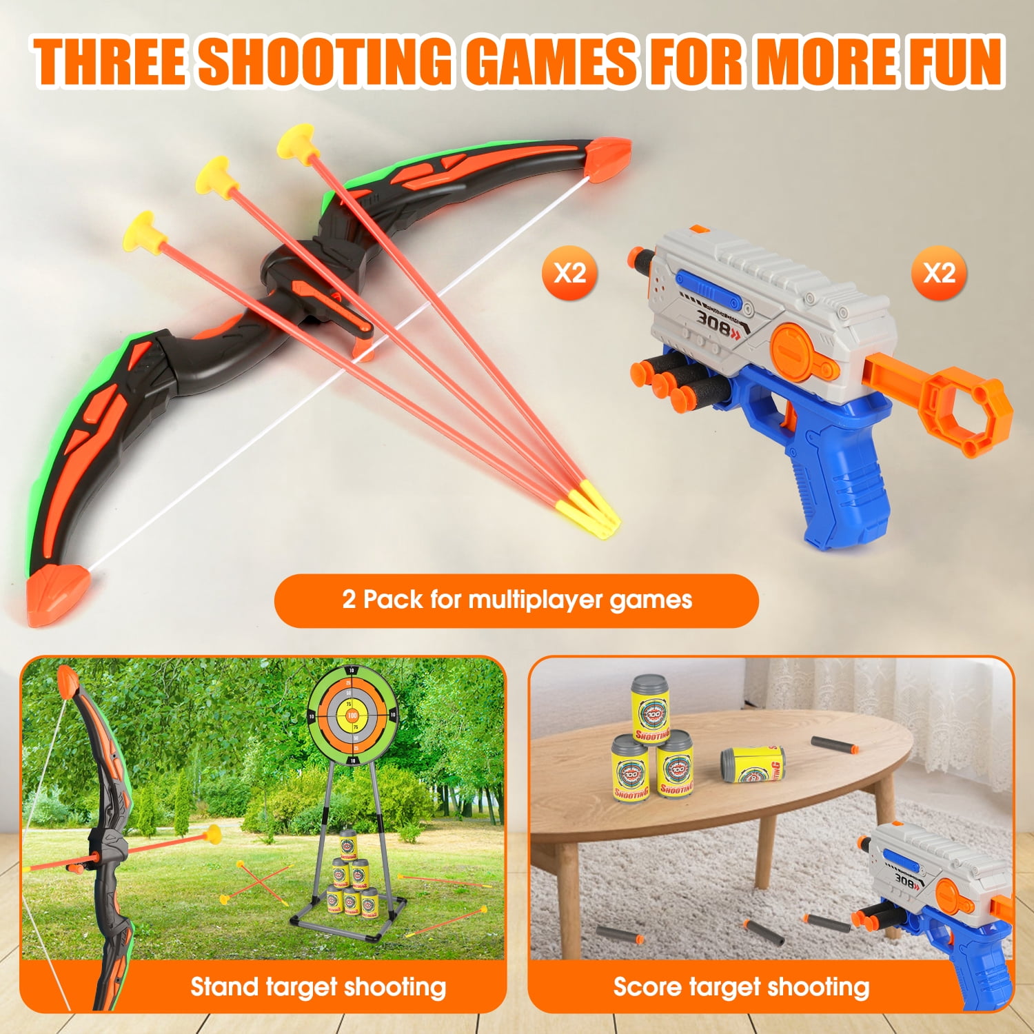 Huge Wave 2 pack Bow and Arrow Set for Boys, Ultimate Glow Archery & Shooting Set, with Standing Target & Quivers, Christmas Outdoor Toys Gift for Kids  Aged 6-12