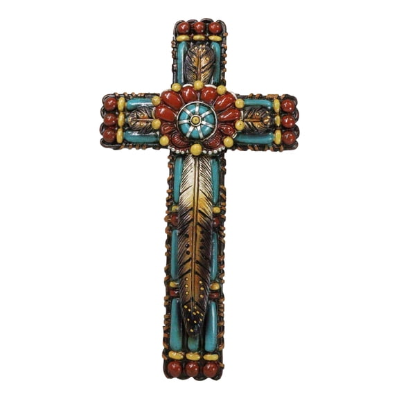 Rustic Southwestern Tribal Chic Feather With Colorful Floral Motifs Wall Cross