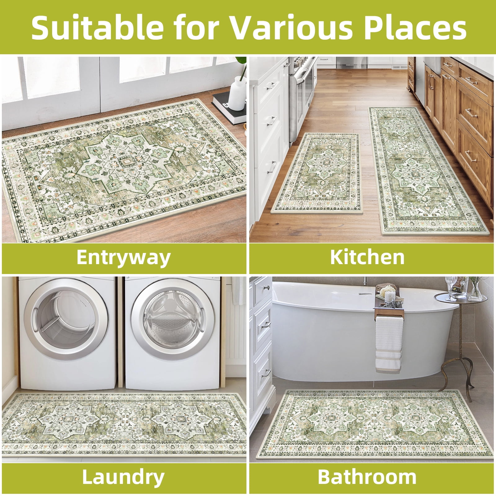 Findosom 2pcs Kitchen Rugs, Washable Boho Farmhouse Kitchen Mats for Floor, Non Slip Thick Indoor Kitchen Floor Mat Carpet Runner Rugs for Entryway Hallway Laundry Home Decor 20"x32"+20"x47" Green