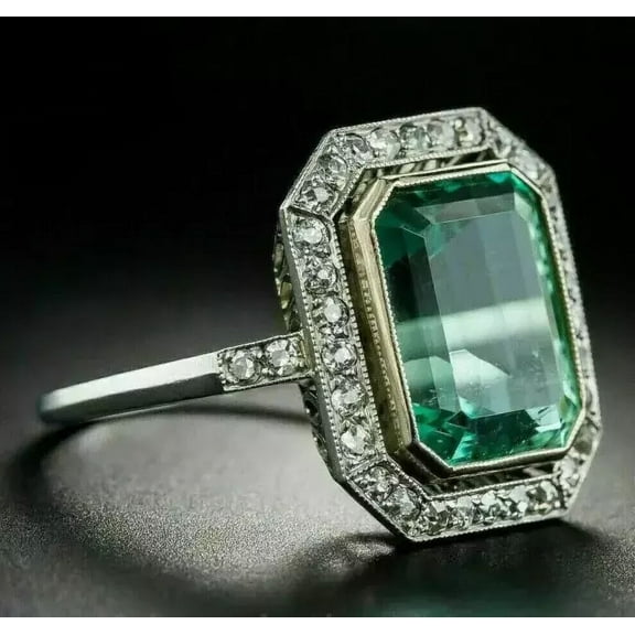 2.75Ct Art Deco Lab-Created Diamond & Green Emerald Ring 14k White Gold Finish