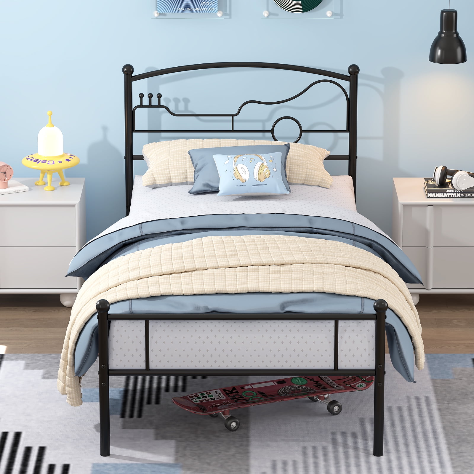 Yoneston Twin Size Platform Bed with Guitar Headboard Heavy Duty Metal Bed Frame for Boys Kids Teens Bedroom Furniture, Black