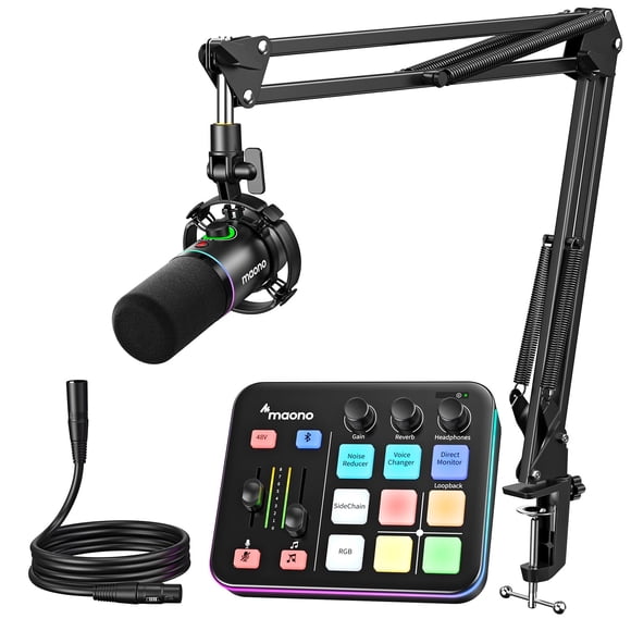 Paquete de equipos de streaming para juegos MAONO: mezclador de interfaz de audio y micrófono dinámico XLR, reducción de ruido RGB, transmisión en vivo, podcasting MaonoCaster PD200XS&G1 NEO