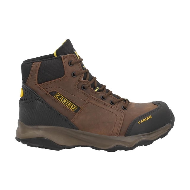 botas industriales antiderrapantes caribu hombre piel nobuck café talla 28 bota lateral derecha, corte alto en piel nobuck café con puntera reforzada de poliamida, refuerzos negros en talón, etiqueta amarilla CARIBU en costado, ojales metálicos y cordones marrón, suela EVA con hule antiderrapante visible en perfil, fondo blanco; adecuadas para trabajo con maquinaria y para usar con jeans o uniforme.
