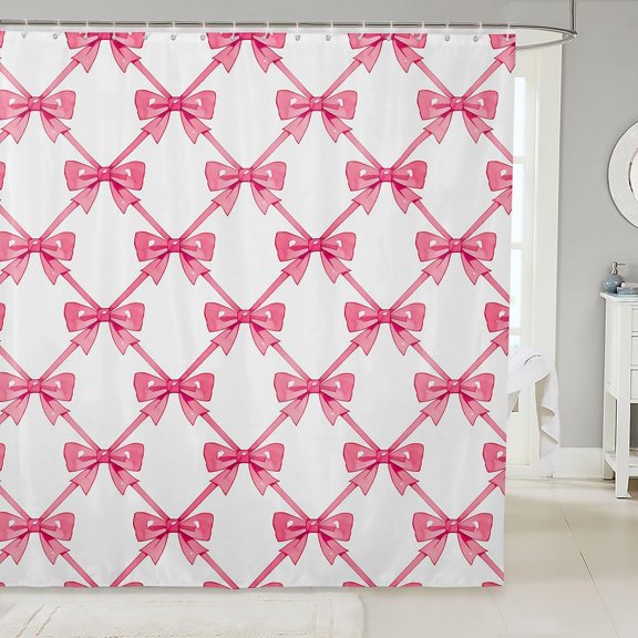 Pink Bow Shower Curtain White And Pink Lattice Bowknot Fabric Shower Curtain for Bathroom 71x71 inches