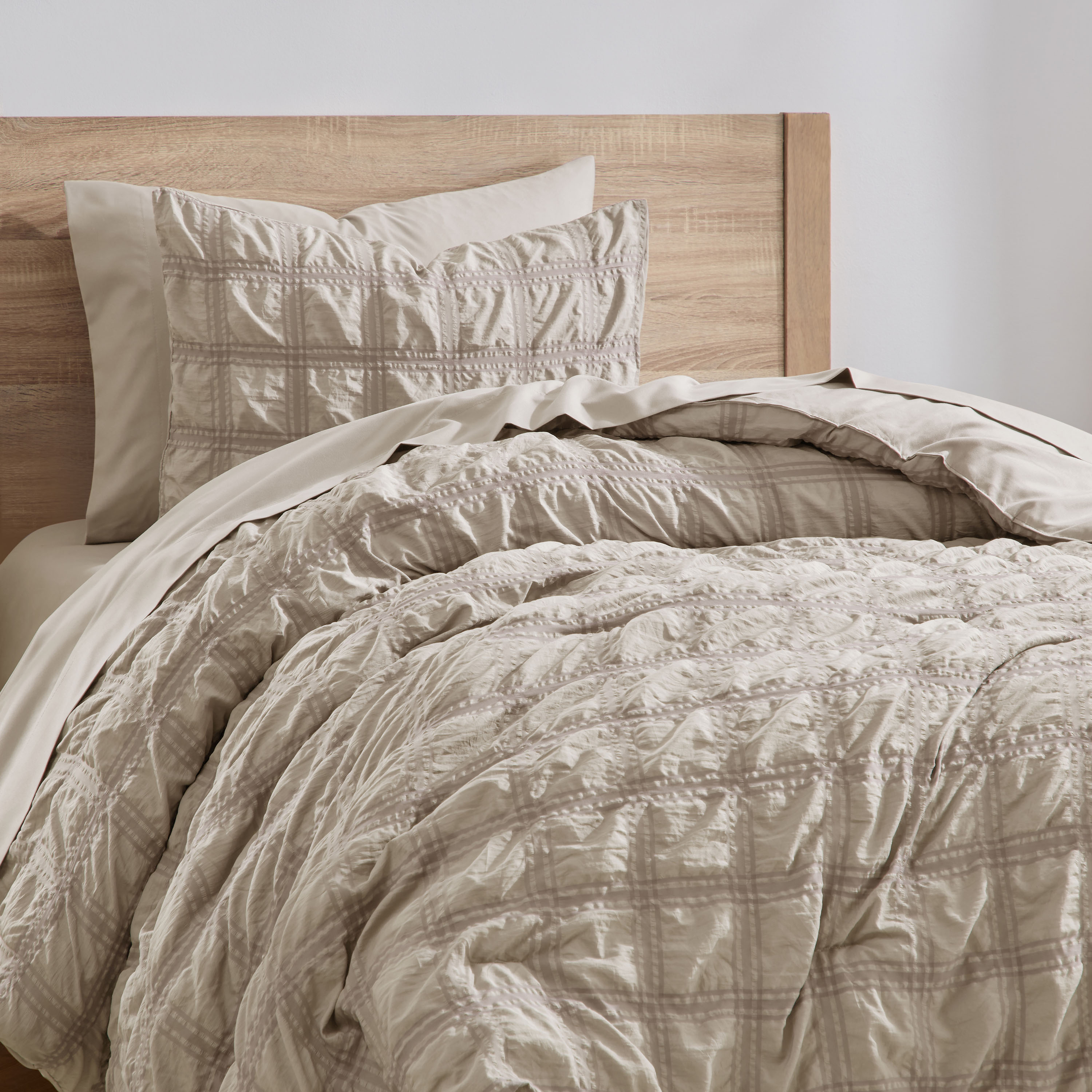 LammaLoe Twin Comforter Sets, 7 Piece Seersucker Bed in a Bag, Bedding Comforter Set with Sheets, Modern Bed Set, Oatmeal