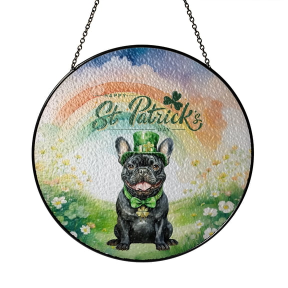 Happy St. Patrick’s Day French Bulldog with Green Hat Shamrocks Rainbow Stained Glass Suncatcher Dog Lover Gifts Window Hanging Sign Decor - 03007