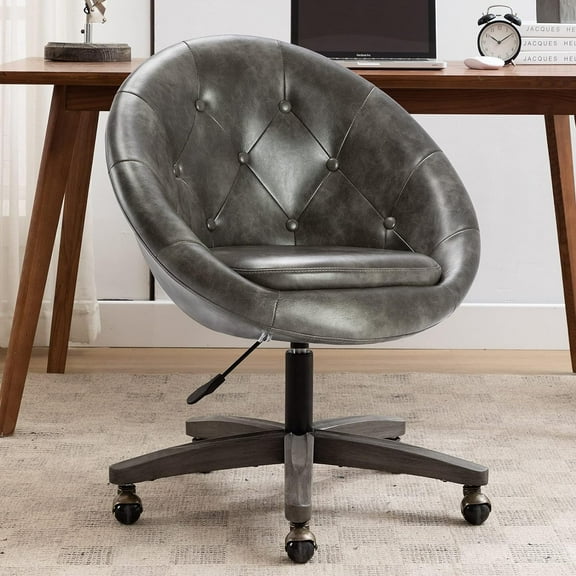 DUHOME Office Chair PU Leather Desk Chair Tufted Round Back Adjustable Swivel Chair Grey