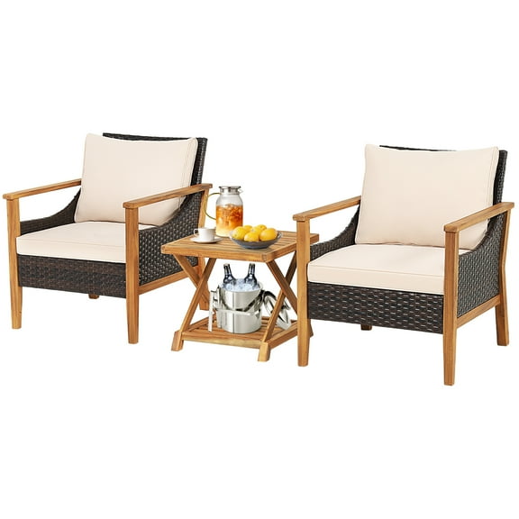 Topbuy 3 Pieces PE Wicker Patio Bistro Set Outdoor Acacia Wood Conversation Set with Cushions and 2-Tier Coffee Table