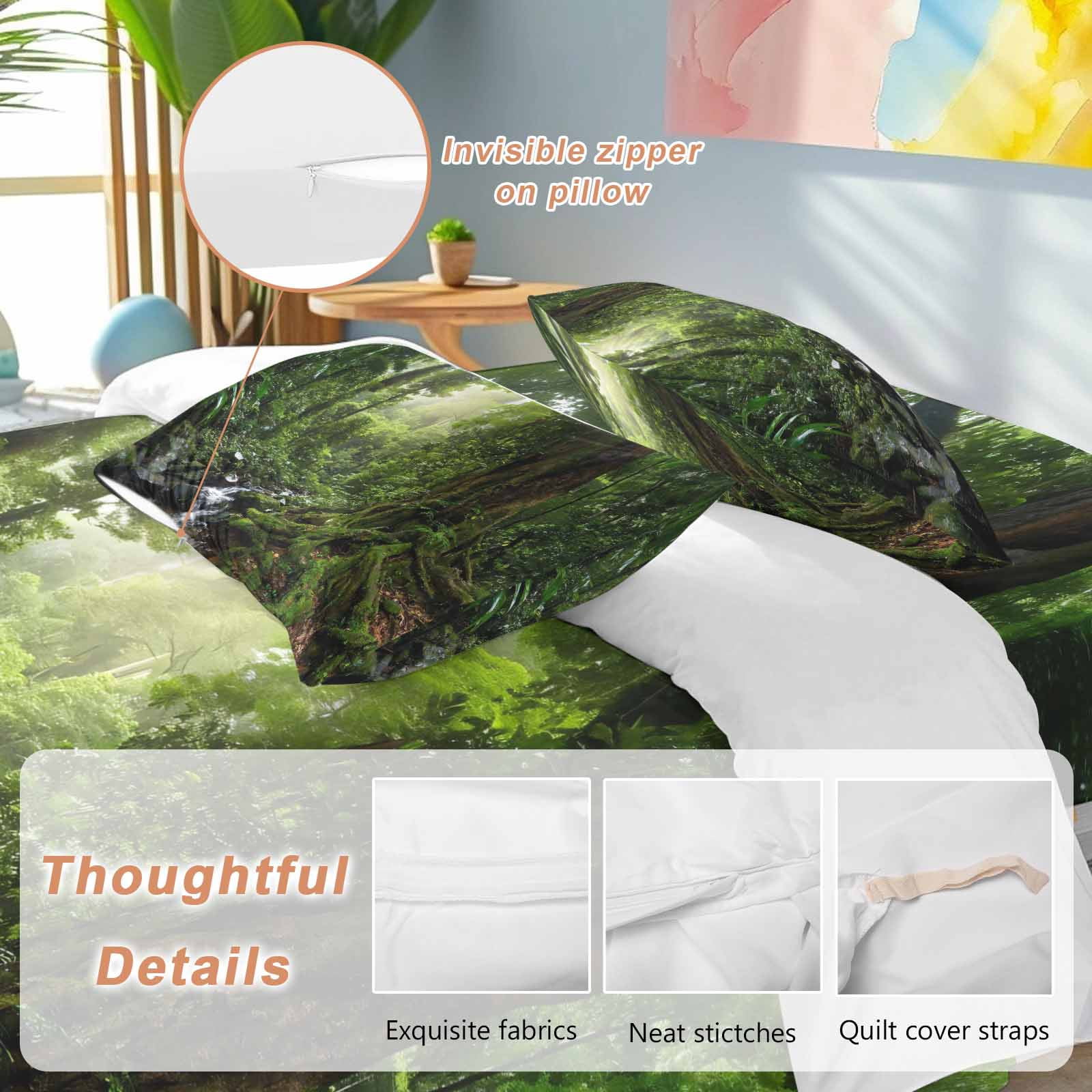 Forest Queen Duvet Cover Set, Landscapes Tree Streams 4 Piece Microfiber Bedding Set with Zipper Closure, Bed Sheet and 2 Pillow Shams, Soft Bedding Cover