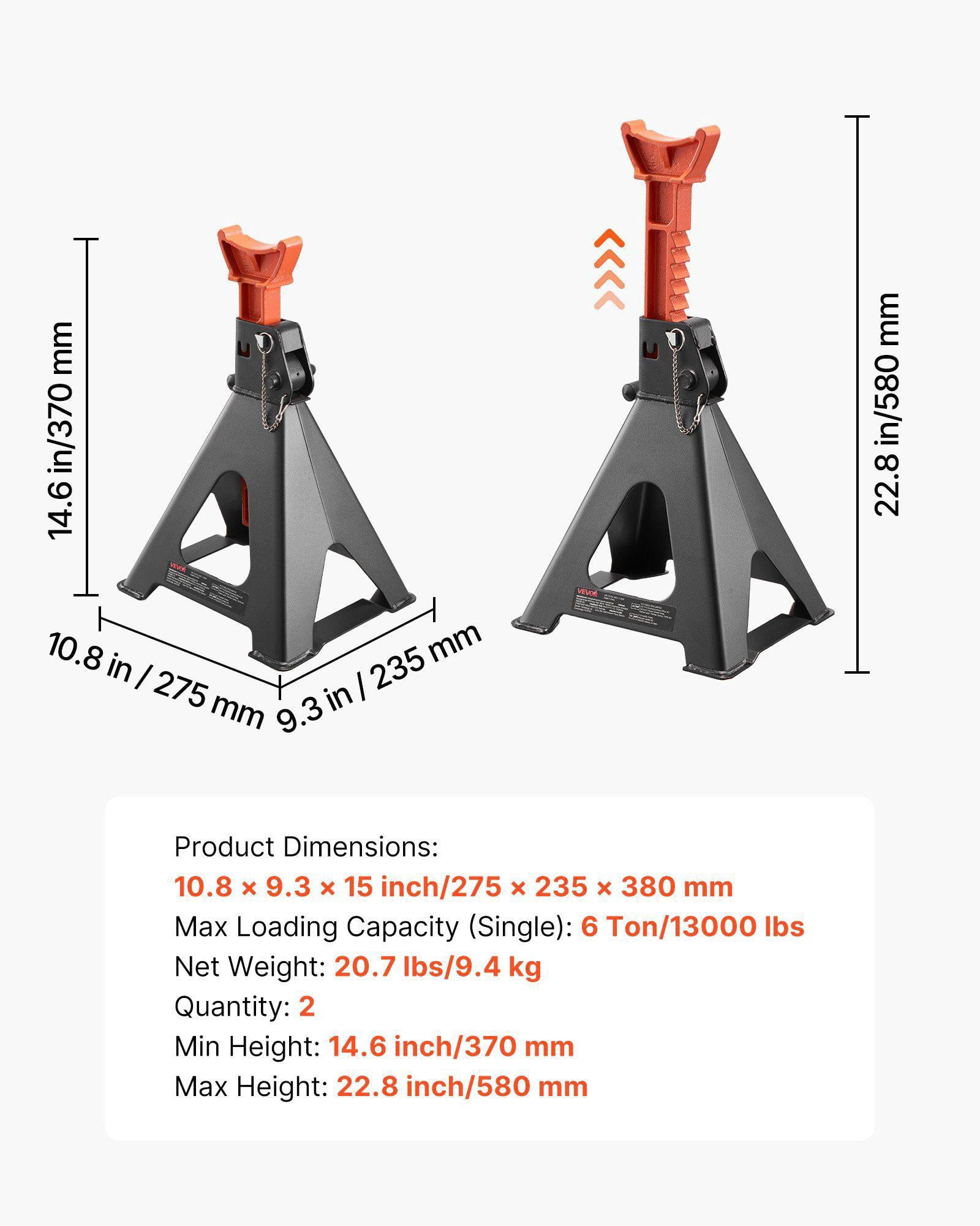 6 Ton 13000 lbs Heavy Duty Steel Jack Stands Adjustable Height 14.6 to 22.8 Inches Double Locking for Car SUV Truck RV 1 Pair Black Orange