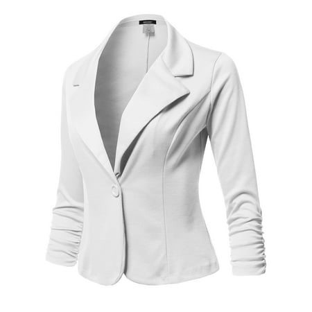 Buttoned Blazer - FashionOutfit Women's Solid Formal Button Up Shirring Sleeves Blazer - Made in USA