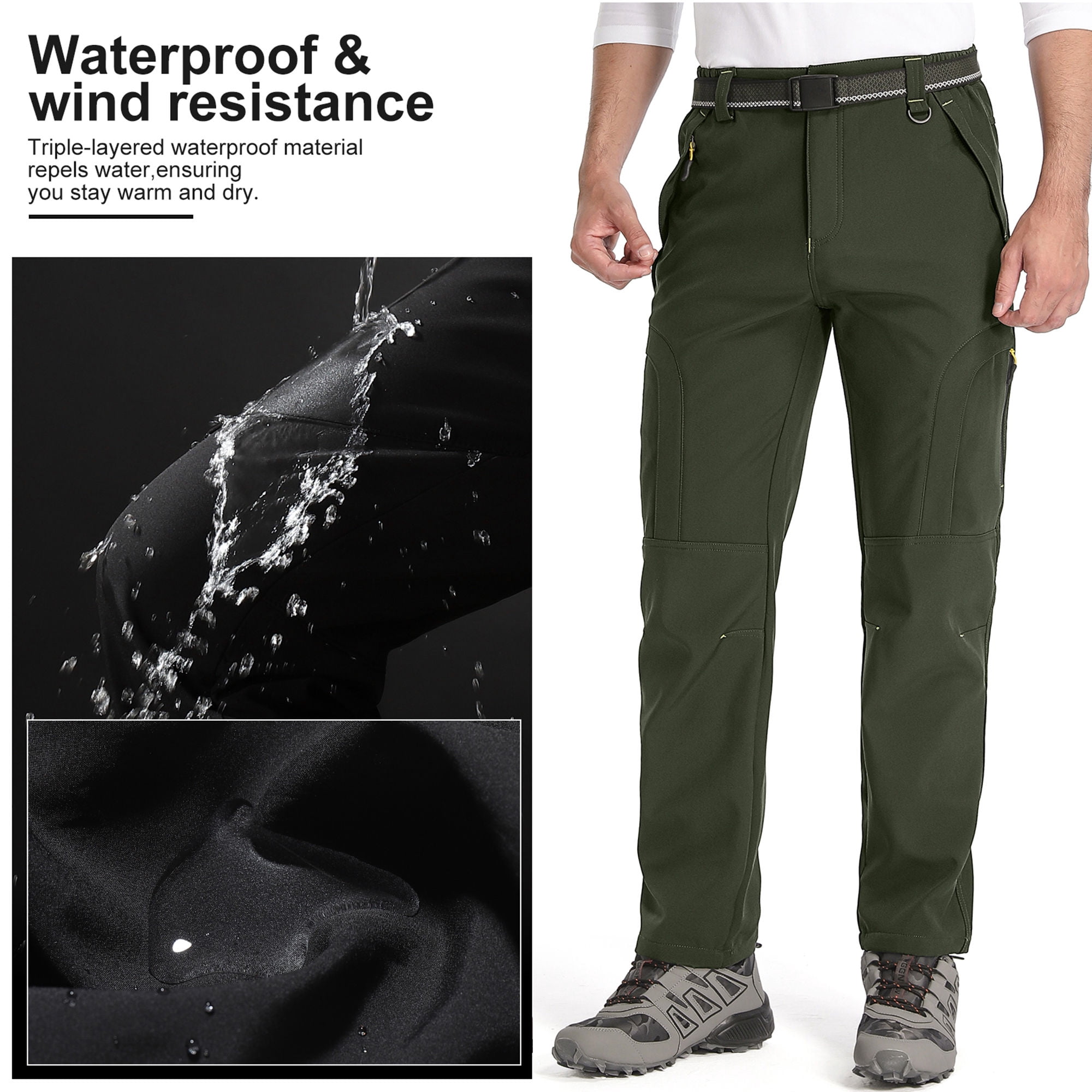 POENTAB Winter Work Pants for Men Fleece Lined Waterproof Insulated Snow Ski Pants for Outdoor Hiking Hunting Clothes Green 30