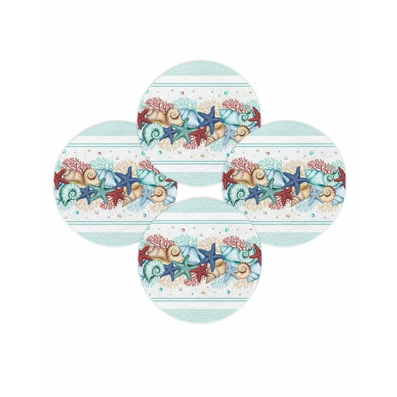 Round Placemats Set of 4 Ocean Coral Starfish Conch Place Mats Washable Woven Placemat Beach Marine Life Teal Green Circle Braided Table Mat for Kitchen Dining Table Party Home Decor 15 Inch