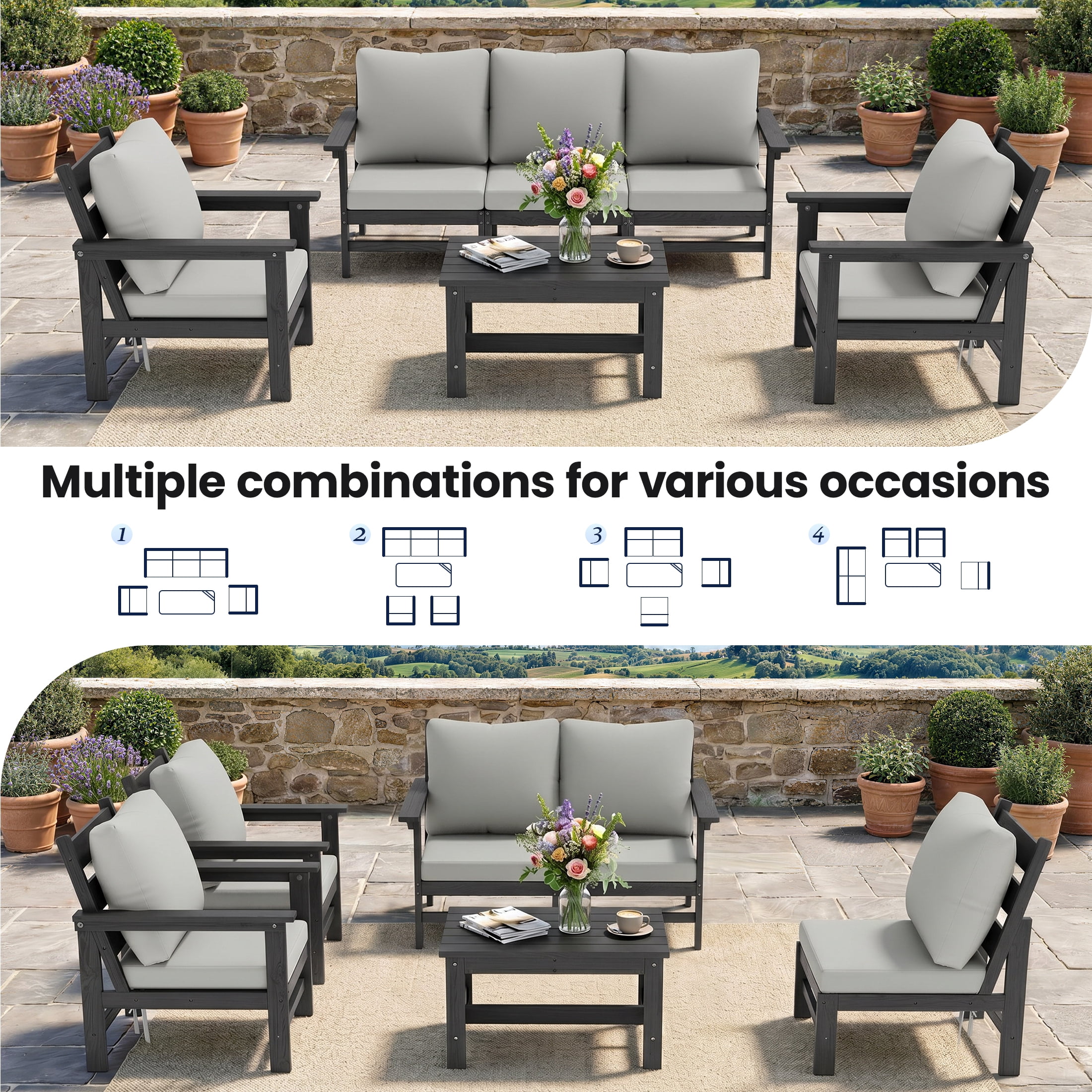 UDPATIO HDPE Patio Conversation Set, 6-Piece Sectional Outdoor Furniture Set, All-Weather Outdoor Couch Set for Deck, Lawn, Grey Frame with Grey Cushion