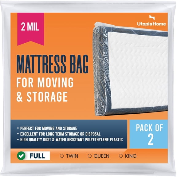 Utopia Home Full Size Mattress Cover for Moving, 2 Mil Thick Plastic Mattress Bag for Disposal, Mattress Encasement Fits Mattresses up to 14 Inches, Mattress Bags for Moving Pack of 2