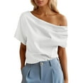 thumbnail image 2 of T Shirts for Women 2025 Asymmetry Short Sleeve Off Shoulder Casual Slim Fit Pleated Tshirt Womens T Shirts, 2 of 8