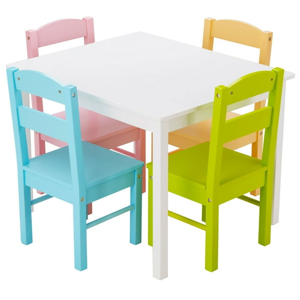 Costway 5 Pièces Enfants Chaise de Table en Bois Ensemble Activité Bambin Salle de Jeux Meubles Colorés