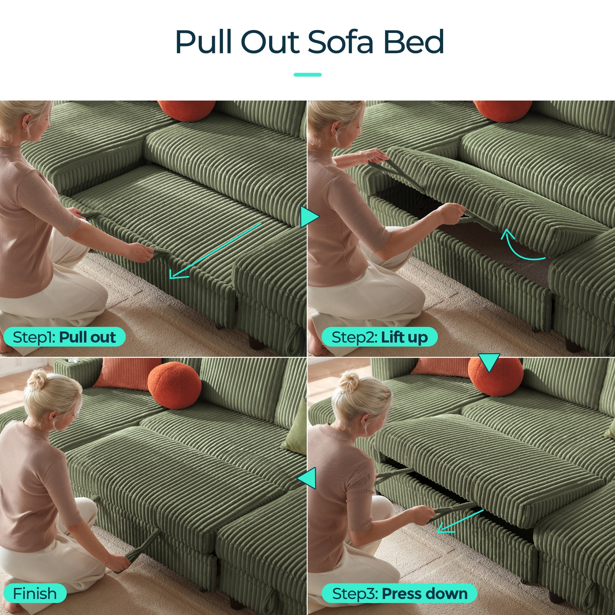 Linsy Home Storage Sectional Sleeper Sofa with Pull Out Bed, 9 Seat Modular Sectional Sofa with with USB & Cup Holder, Plush Corduroy Sectional Couches for Living Room, Green