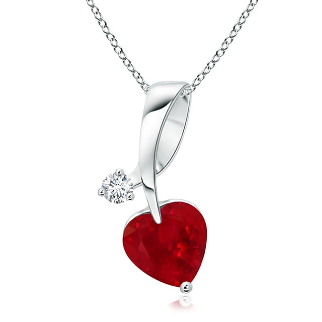Angara Natural Ruby Necklace - Heart-Shaped Ruby Ribbon Pendant with Diamond in Platinum for Women