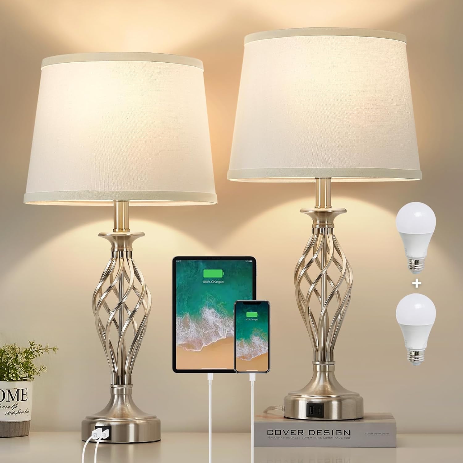 NATYSWAN Table Lamps with USB Ports, Set of 2, Silver