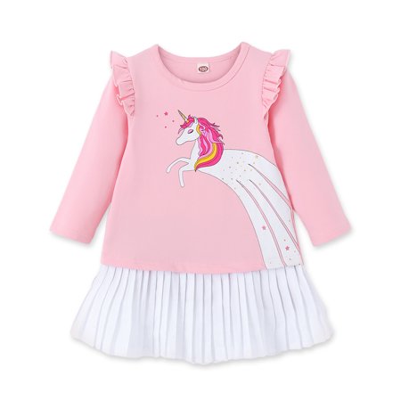 

Toddler Baby Girls Dress Causal Winter Dress Toddler Girl Long Sleeve Ruffled Layer Unicorn Dress Pink 12-24 Months