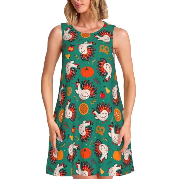 Disketp Cartoon Turkey para Vestido sin Mangas para Mujeres, Vestidos de Verano para Mujeres, Casual y Holgado para la Playa