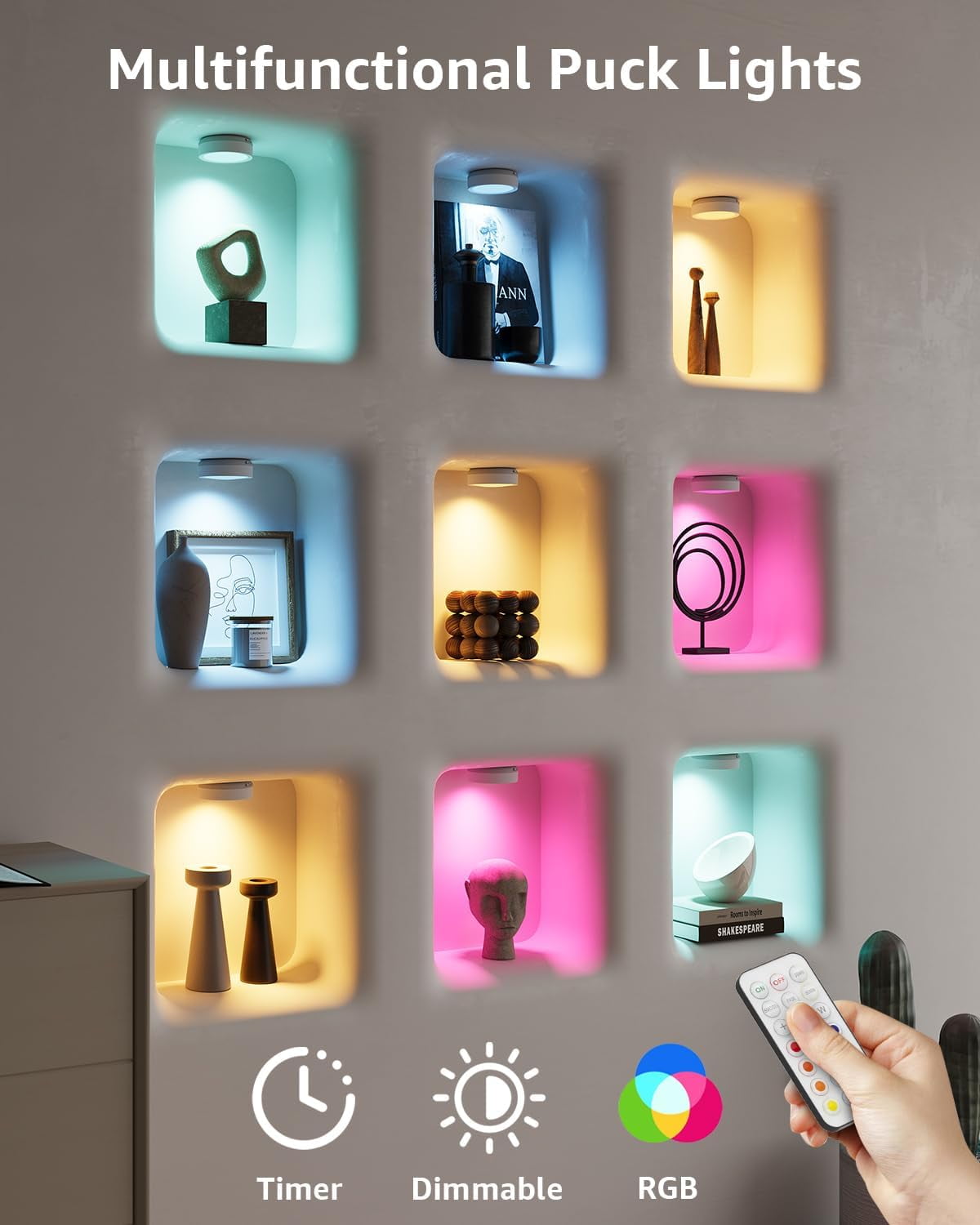 Rechargeable Puck Lights with Remote Control, 2400mAh Battery Operated Tap Light LED Stick On Lights for Closet Magnetic Night Light USB Display Shelf Lights Kitchen Under Cabinet Lighting Wireless