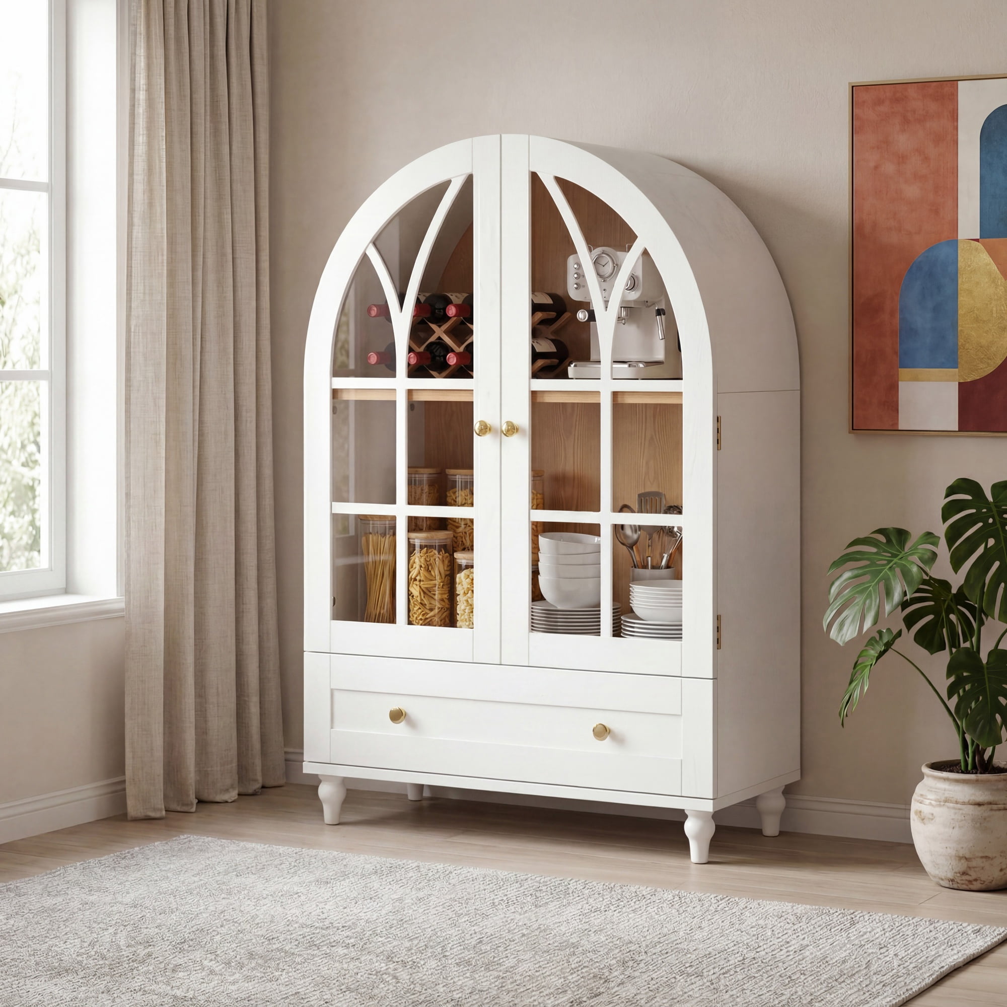 Display Cabinet with Arched Design and Tempered Glass Doors, Wood Curio Cabinet and Storage Stand with Drawer for Living Room Dining Room Office, White