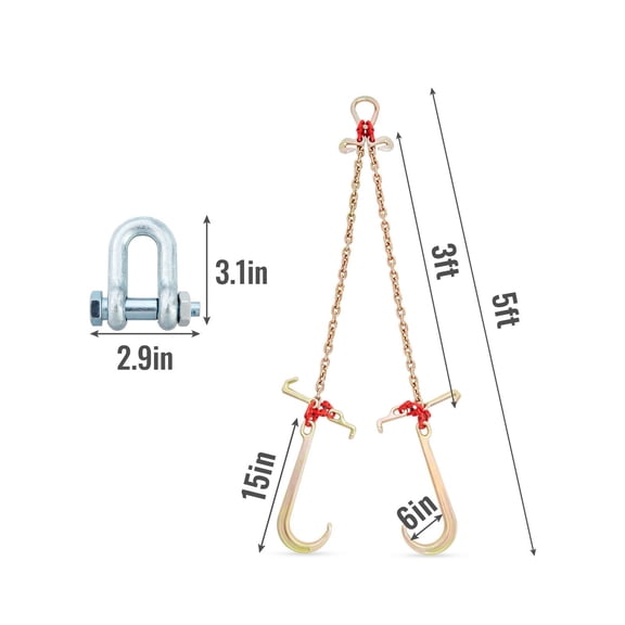 V-Chain Bridle,9620 lbs Working Load Limit,5/16"x3' G80 Tow Chain with RTJ Cluster Hooks,DOT Certified,Galvanized Coating Manganese Steel&D-Shackle,for Lifting&Moving Activities
