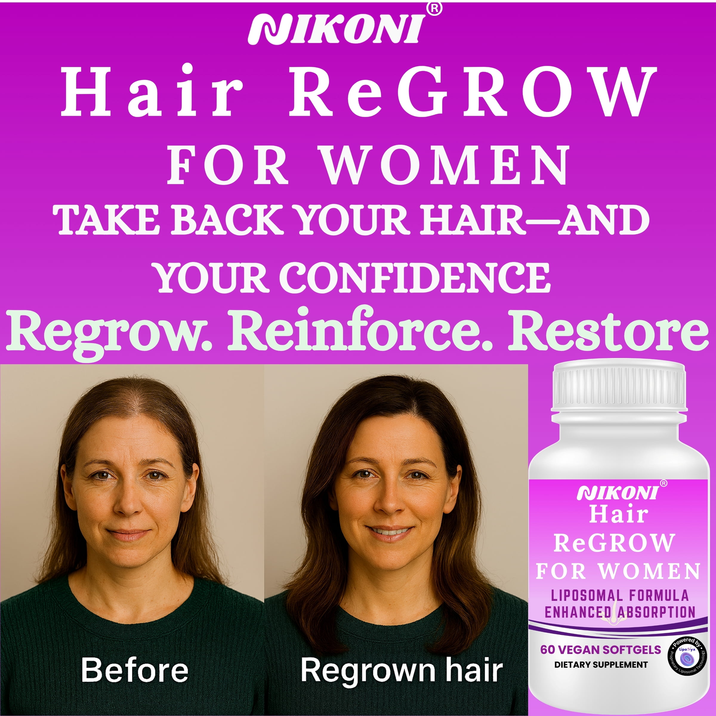 Nikoni Hair ReGROW Women's Liposomal Formula, Biotin, Keratin, Saw Palmetto and Botanical Essentials, Vegan, Gluten-Free, 60 Softgels