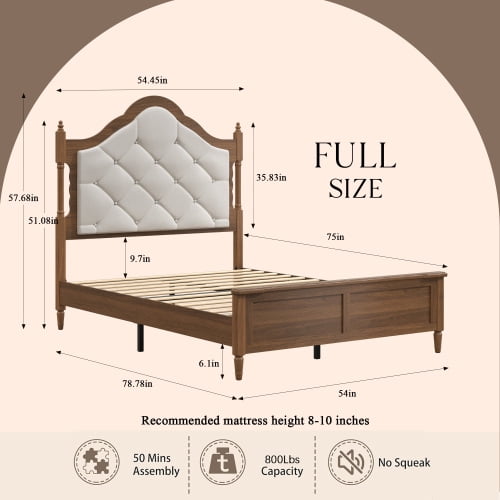 Full Size Bed Frame with Upholstered Headboard and Panel Footboard, Vintage Mid-Century Farmhouse Style, Brown Wood Platform Bed