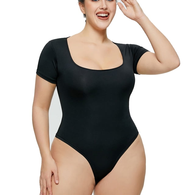 Body negro de manga corta con cuello cuadrado para mujer, body tipo camiseta, body ajustado para mujer