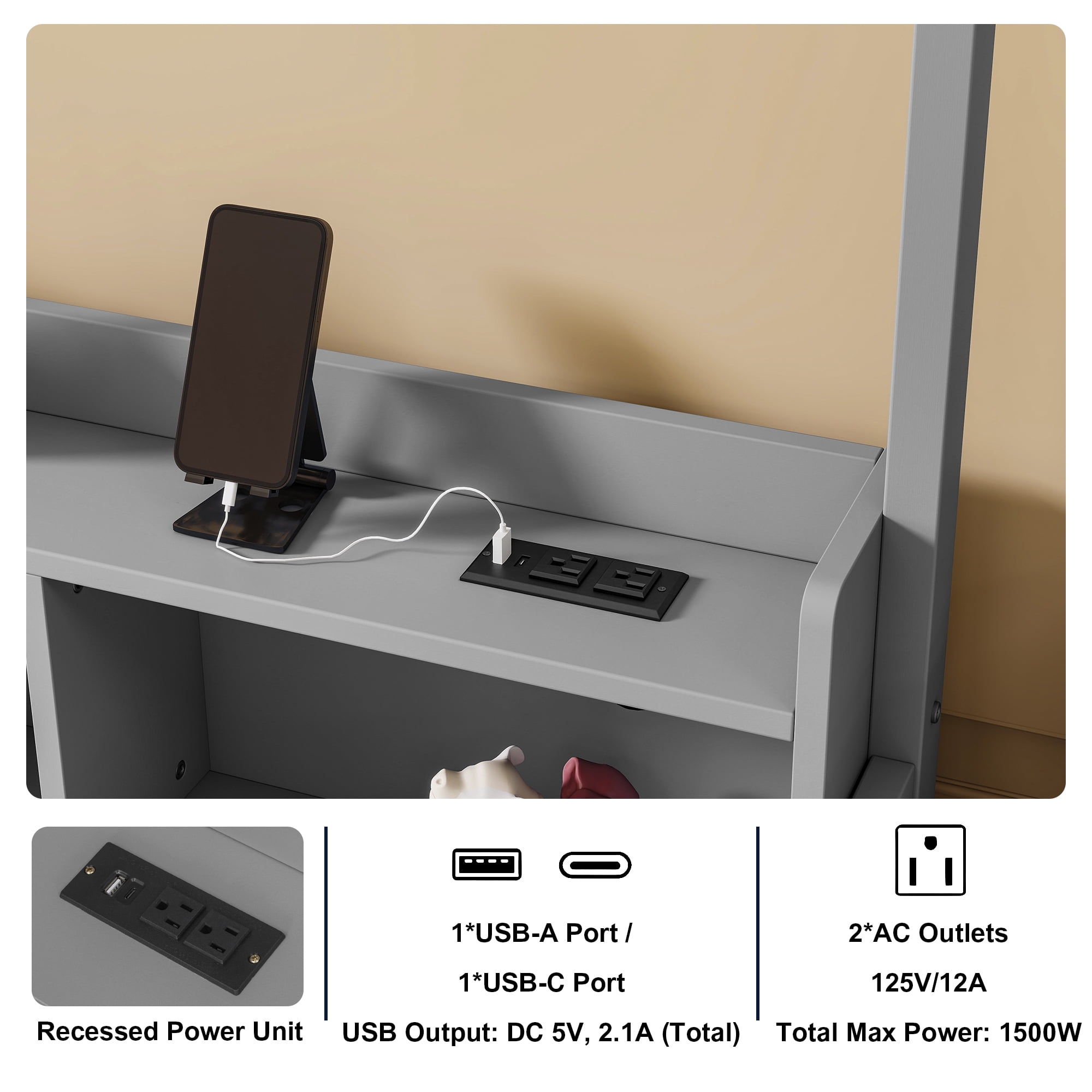 Floor Bed with House Design and Storage Shelves, Twin Pine Wood Platform Bed and Charging Station Bed Frame with LED Lights and Guardrails, Gray
