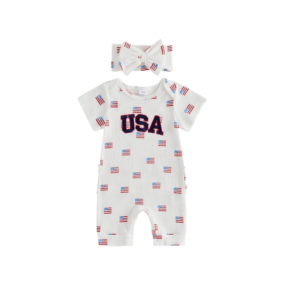 Cenuakty Baby Girls 4th of July Romper with Bow Headband Letter Embroidery Flag Print Short Sleeve Round Neck Bodysuit