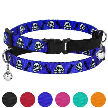 Black Reflective Breakaway Cat - Breakaway Cat Collar Skull Print Safety Collars for Cats Kitten with Bell Elastic Strap Adjustable Size 7-11 Inch, Blue