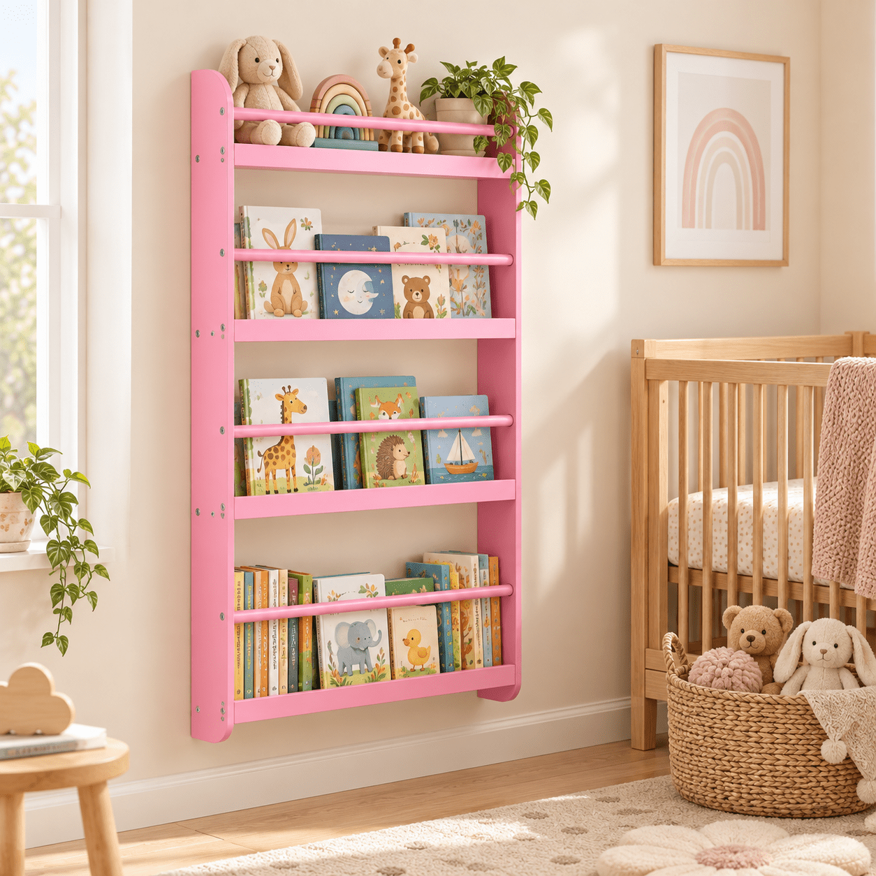 Furnibear 4-Tier Wall Bookshelf for Kids, Front-Facing Nursery Bookcase with Display Shelves for Books and Toys, Space-Saving Bedroom Storage, Pink