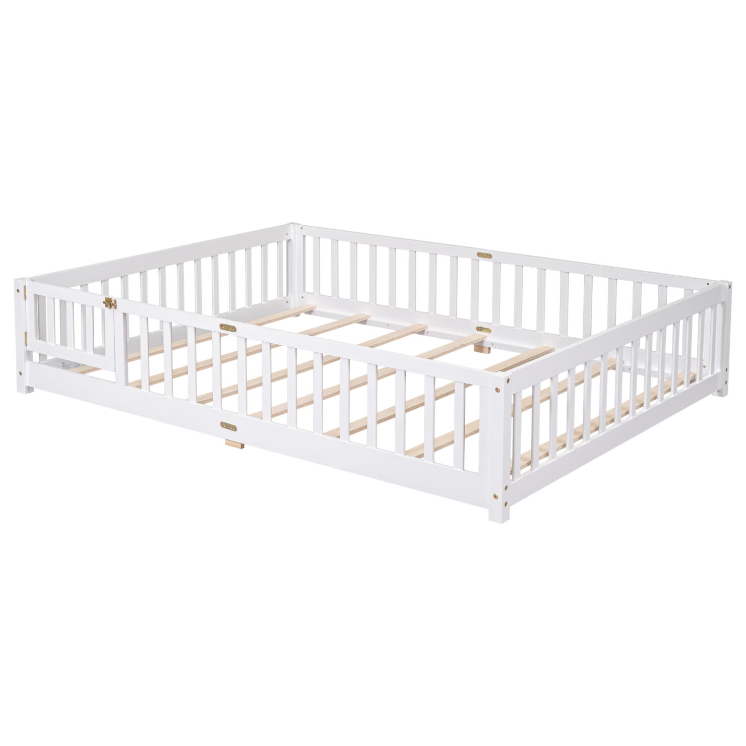 Queen Size Floor Bed for Kids, Wood Platform Bed with Fence and Door, Montessori Bed Frame with Slats Support, Playhouse Bed with Door Design, for Toddler, Boys,Girls,No Box Spring Needed, White