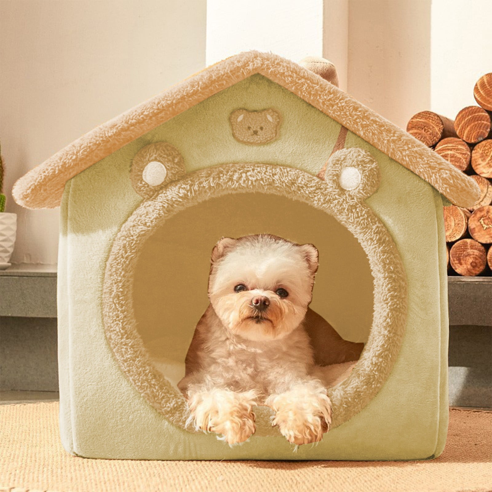 HCBY Enclosed Soft Pet Bed House, Foldable Warm Cat Dog Kennel with Cushion for Indoor Security, Plush Cave for Small Medium Large Pets, Easy Clean Washable Fabric(Brown M,13.8x15.75x14.96inch)