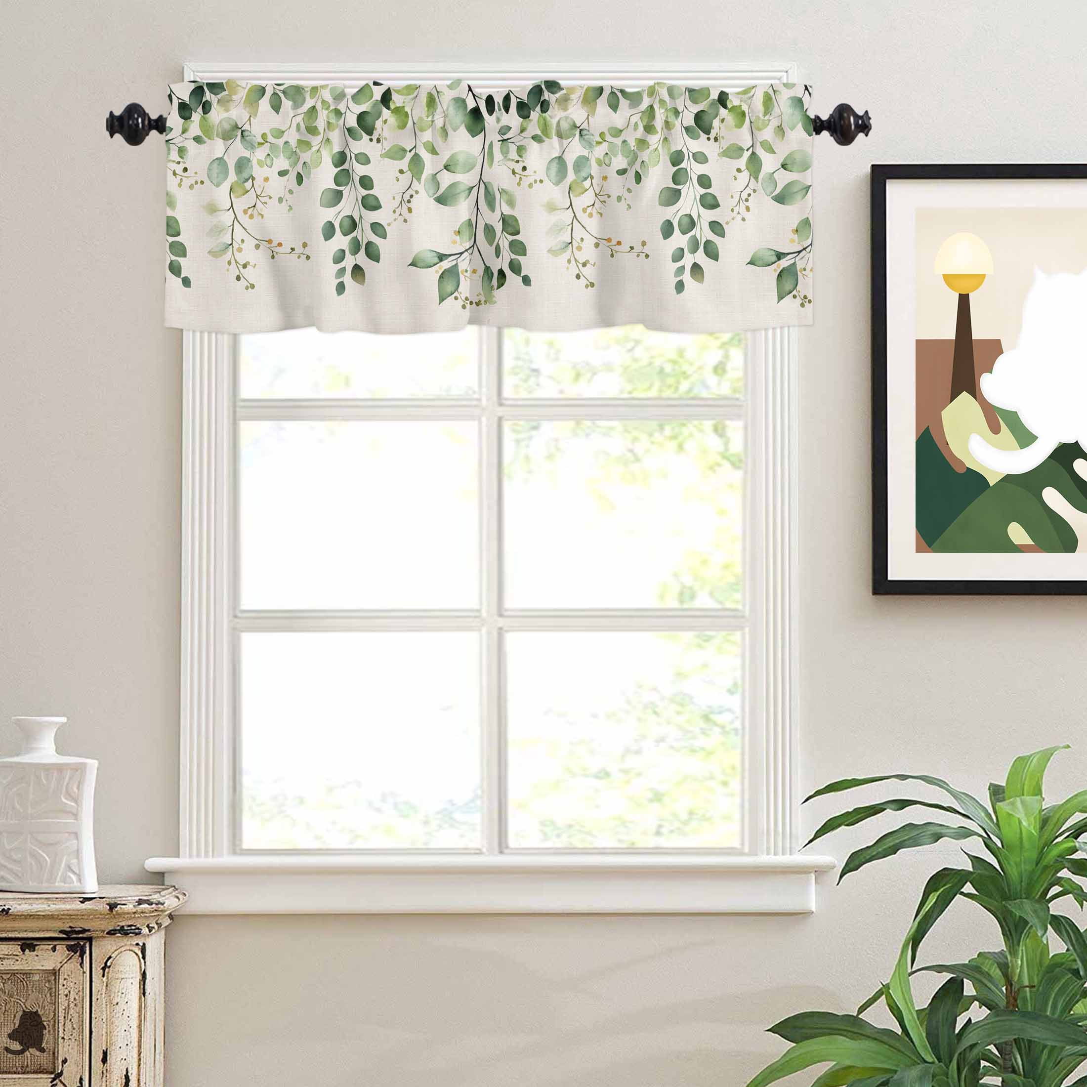 Valances for Windows Sage Green Eucalyptus Leaves Retro Summer Tree Branch Linen Valance Rod Pocket Window Treatments Curtains for Kitchen Small Windows Living Room Bedroom Bathroom, 60"x18"