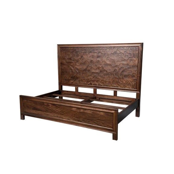Carved King Size Panel Bed Handcrafted from Solid Wood in Brown