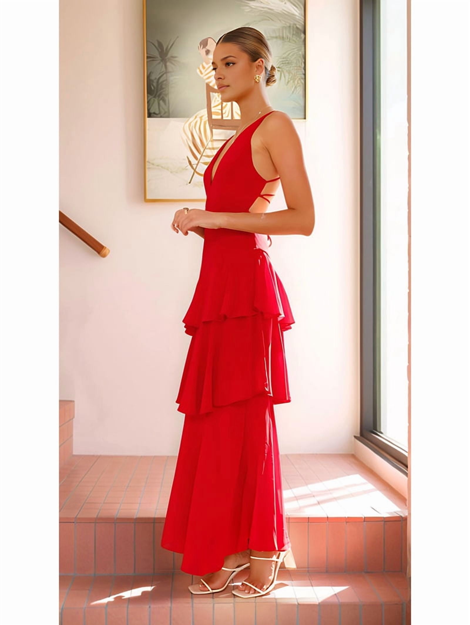Tiered Chiffon Bridesmaid Dresses for Women Ruffle Formal Evening Dresses Long with Pleated Red M