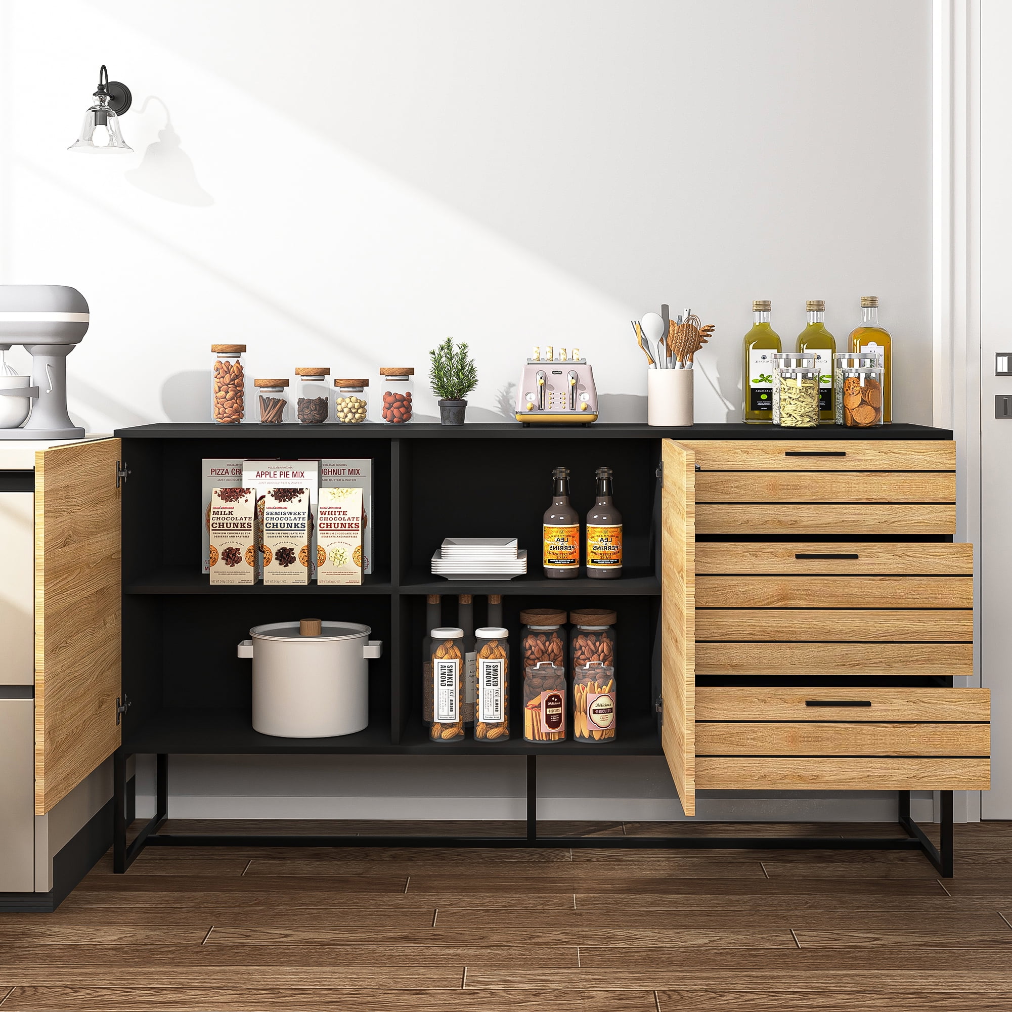 Kadyn Entryway Storage Cabinet, Floor Storage Cabinet for Kitchen Living Room, Storage Sideboard Buffet Cabinet with Drawers, Door and Adjustable Shelf, Brown + Black Kadyn Entryway Storage Cabinet, Floor Storage Cabinet for Kitchen Living Room, Storage Sideboard Buffet Cabinet with Drawers, Door and Adjustable Shelf, Brown + Black