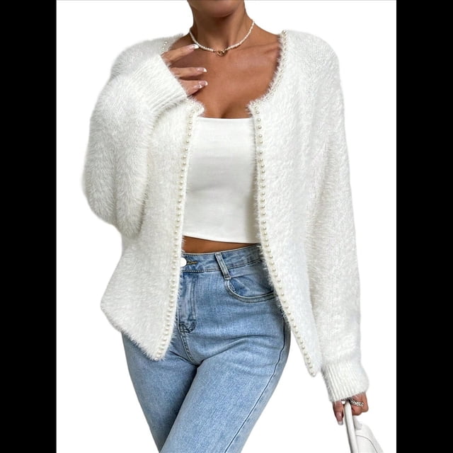 Suéter Elegante Tipo Cárdigan para Mujer, de Color Liso, con Cuello en V, Tejido con Cuentas y Abrigo Superior. S