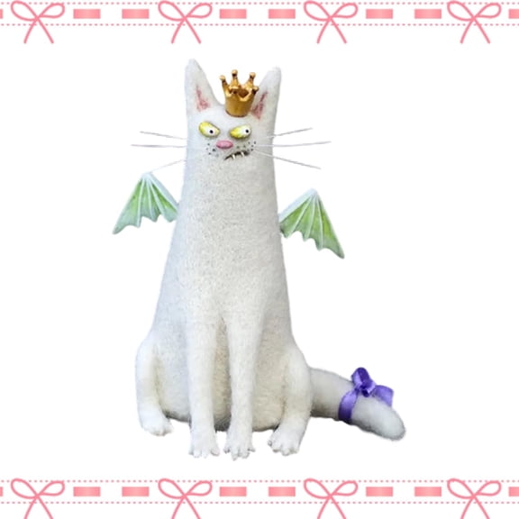 Wool Felt Familiars – Quirky Handmade Companions,Soft Sculpture Big Eyed Cat Doll Mini Desk Shelf Decor Unique Gift for Collectors