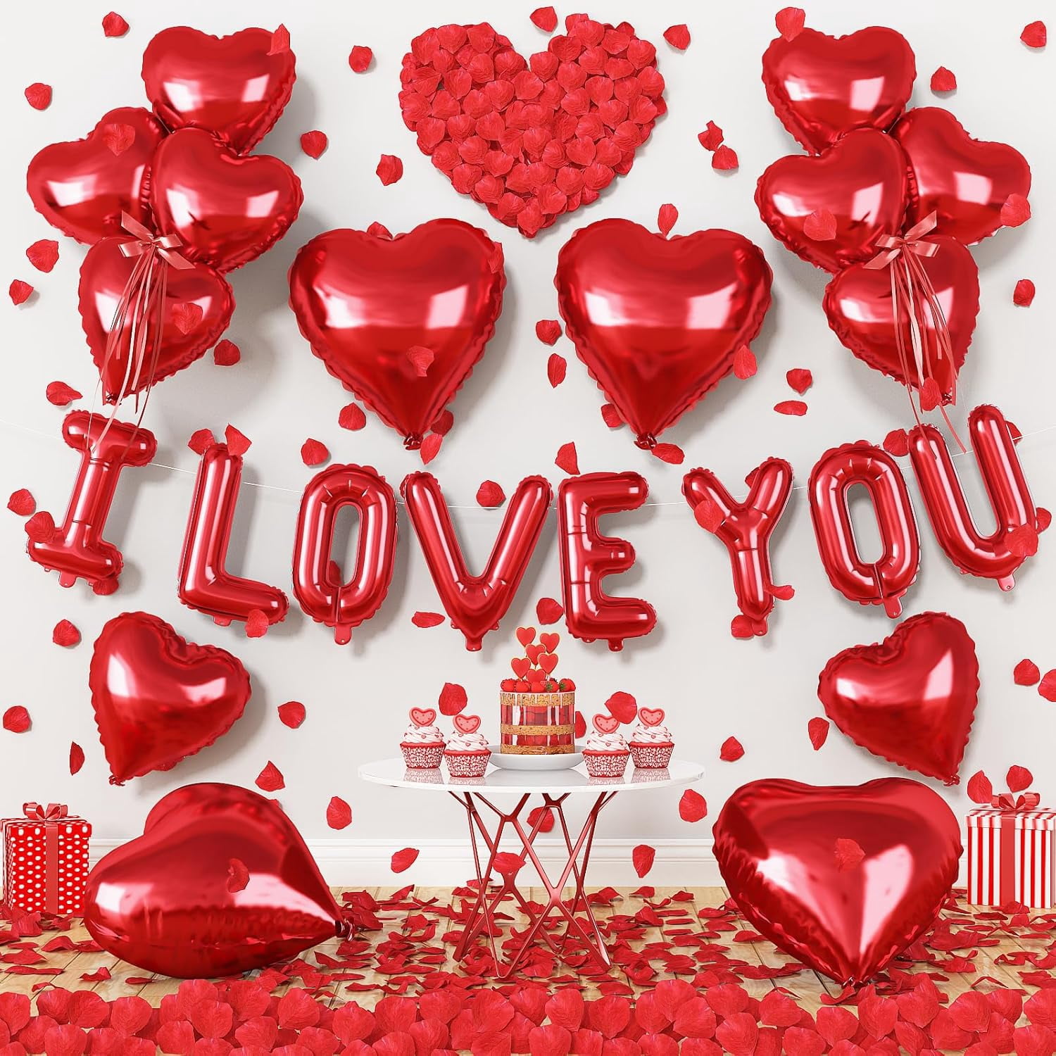 I Love You Balloons Valentines Day Balloons Red Heart Love Foil Mylar Balloon Rose Petals for Wedding Anniversary Engagement Valentine Day Romantic Decorations Party