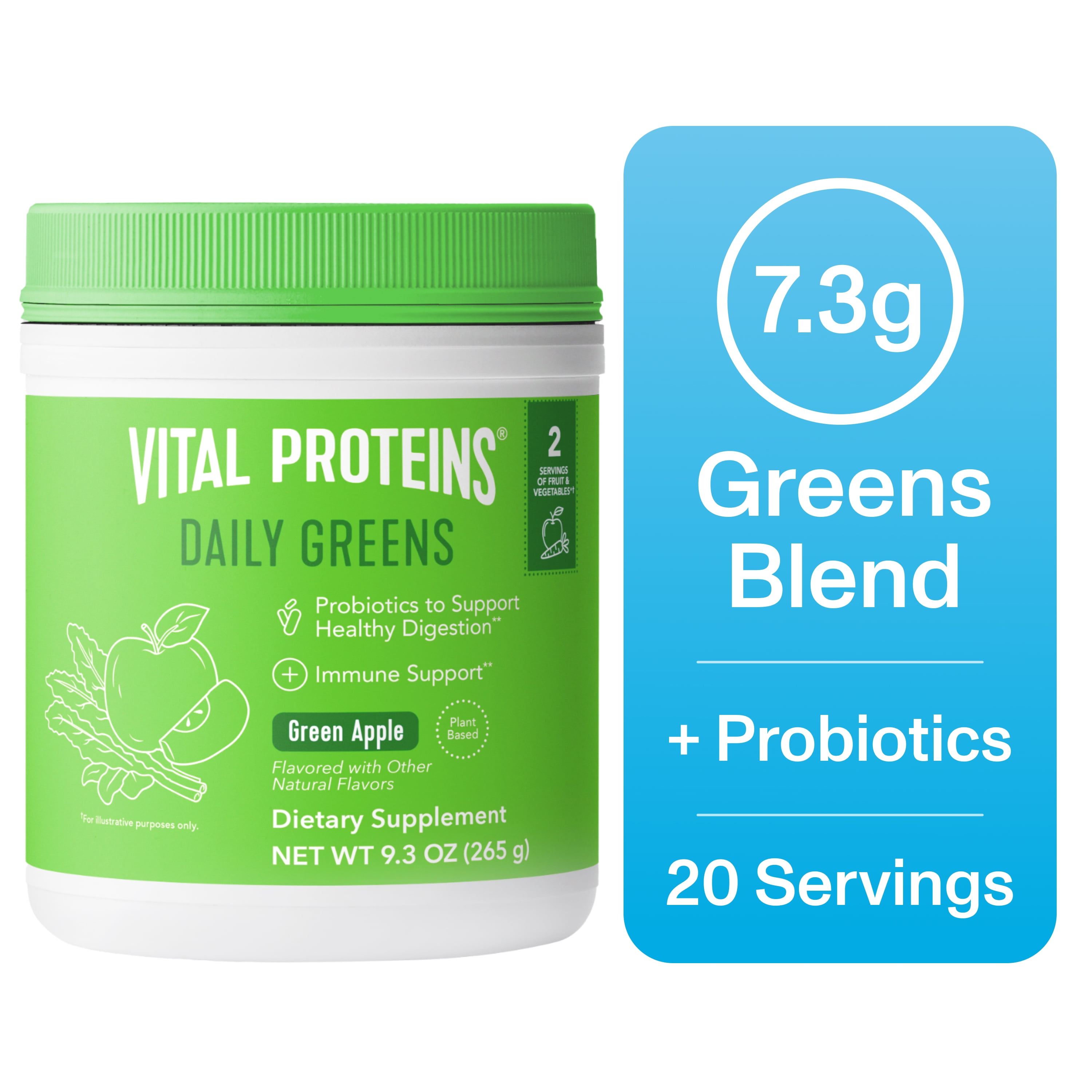 Vital Proteins Daily Greens with Probiotic & Digestive Gut Health Support Powder Mix Supplement with Daily Fiber, Green Apple, 9.3 oz