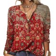 thumbnail image 3 of Blusa elegante con cuello con muescas y estampado floral, manga larga, color rojo, talla XL, 3 of 5